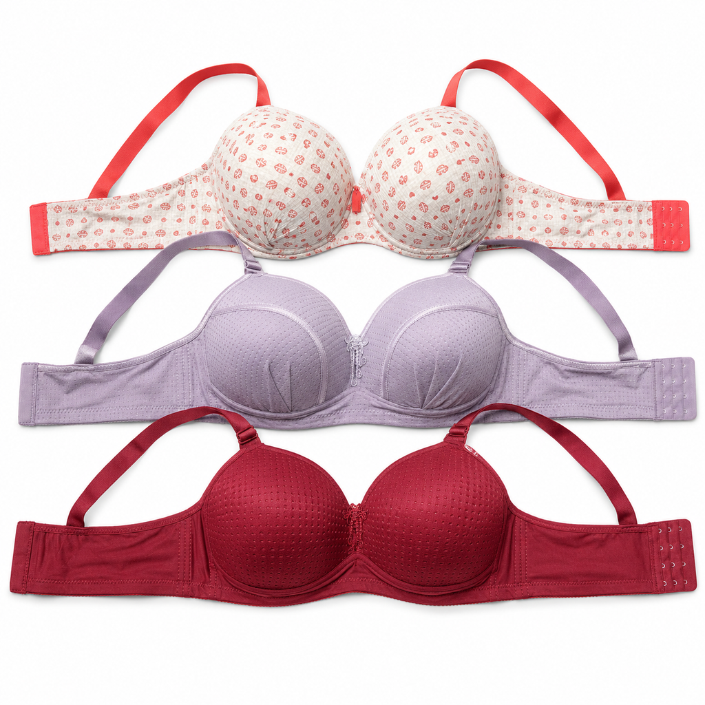 3-Pack Padded Bras Set, Printed White, Light Lilac & Burgundy Red-Size 58 | Adjustable Straps, Multi-Hook Back Closure, Daily Wear, Varied Colours, Soft Fabric – صورة 3