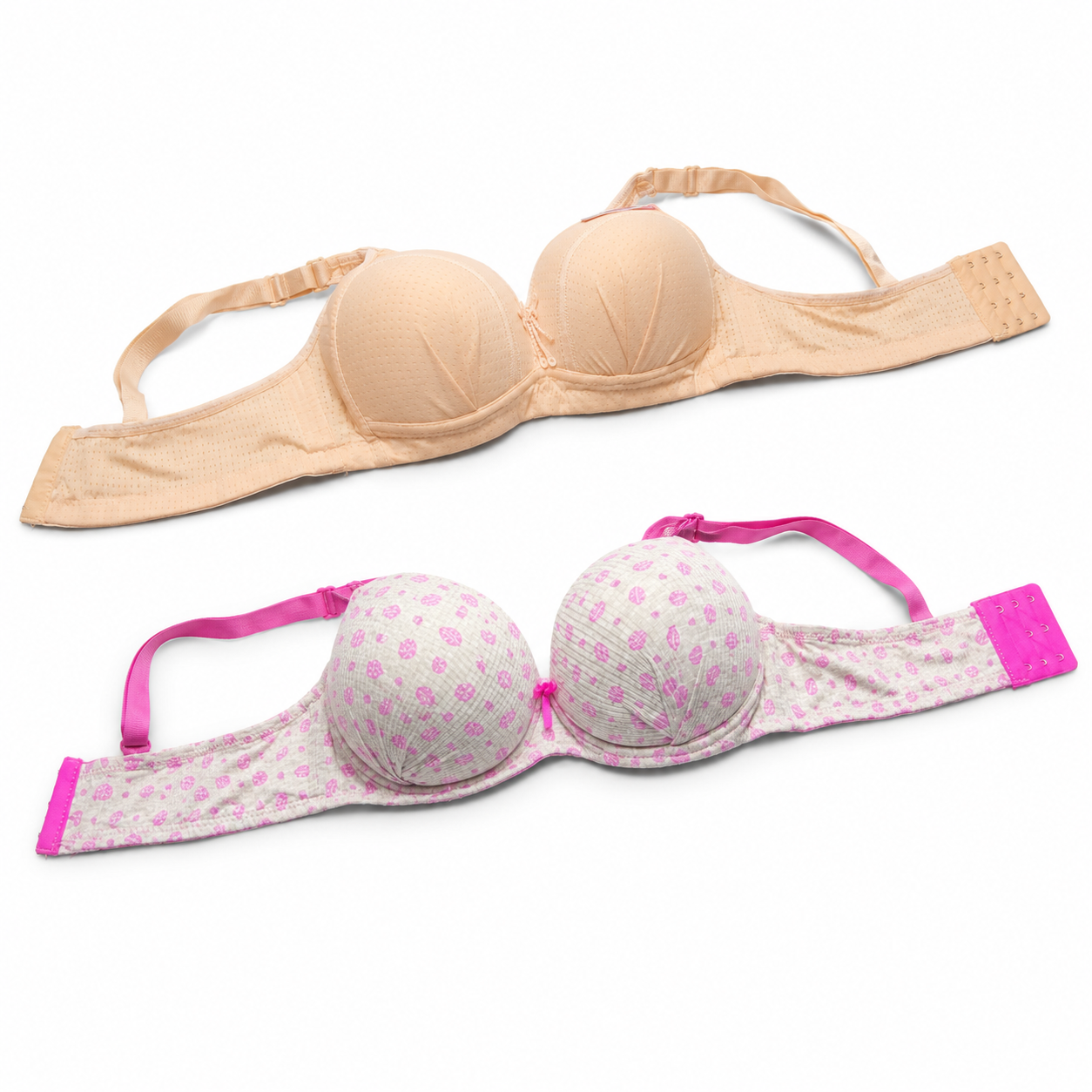 Girls' Push-Up Bra 2-Pack Size 56 Nude Beige & Pink Print | Padded Cups, Adjustable Straps, Back Hook Closure, Daily Wear, Floral Print Detail – صورة 1