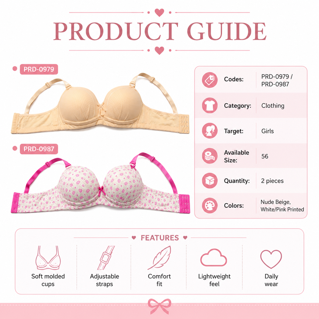 Girls' Push-Up Bra 2-Pack Size 56 Nude Beige & Pink Print | Padded Cups, Adjustable Straps, Back Hook Closure, Daily Wear, Floral Print Detail – صورة 2
