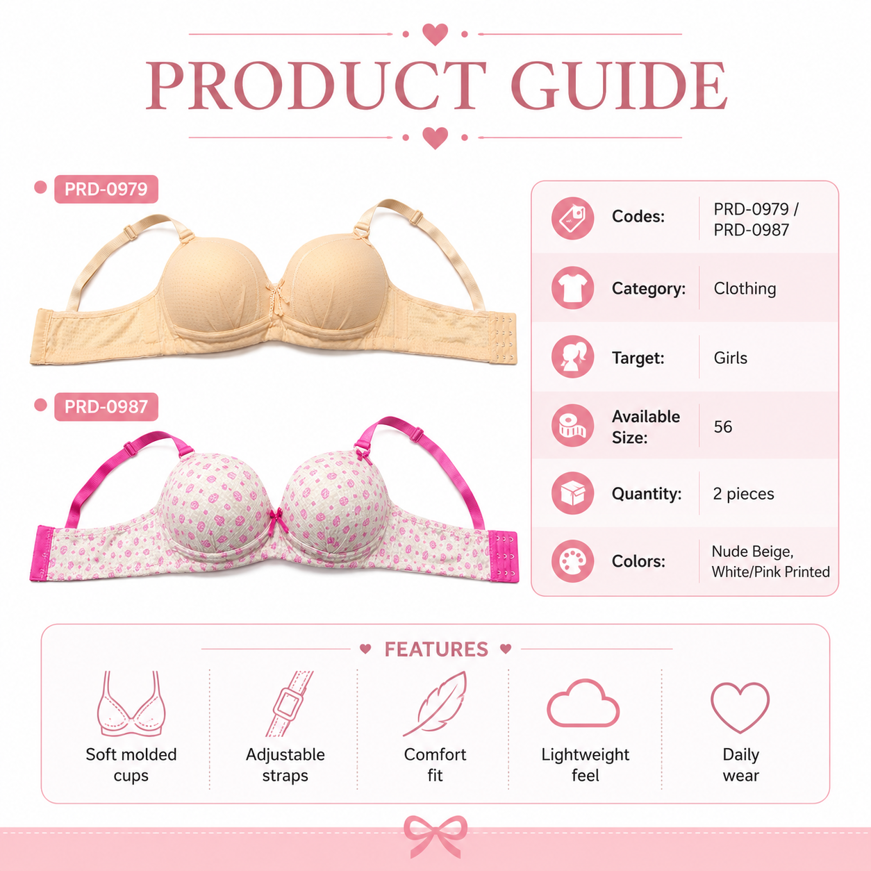 Girls' Push-Up Bra 2-Pack Size 56 Nude Beige & Pink Print | Padded Cups, Adjustable Straps, Back Hook Closure, Daily Wear, Floral Print Detail – صورة 2