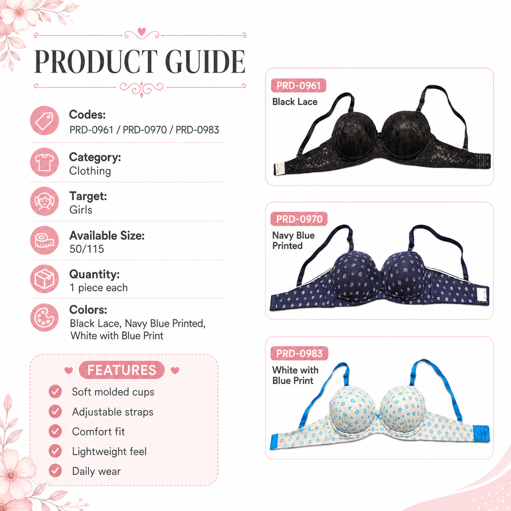 Girls' Push-Up Bra 3-Pack Size 50 Lace & Printed | Padded Cups, Adjustable Straps, Back Closure, 3 Colours Included, Daily Wear – صورة 1