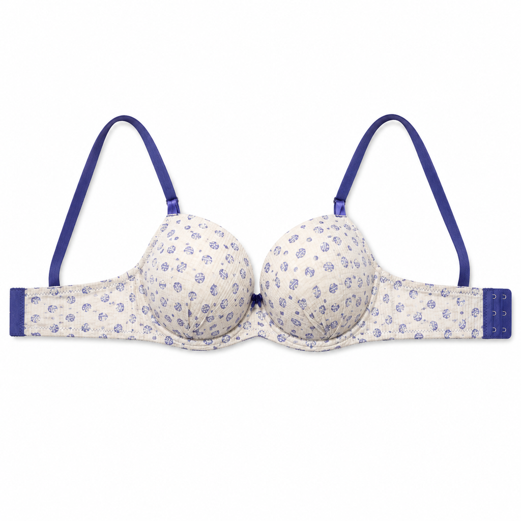 Women's Padded Bra 2-Pack, Navy Blue & Printed White, Size 58 | Adjustable Straps, Multi-Hook Back Closure, Daily Wear, Dotted Detail, Floral Print – صورة 1