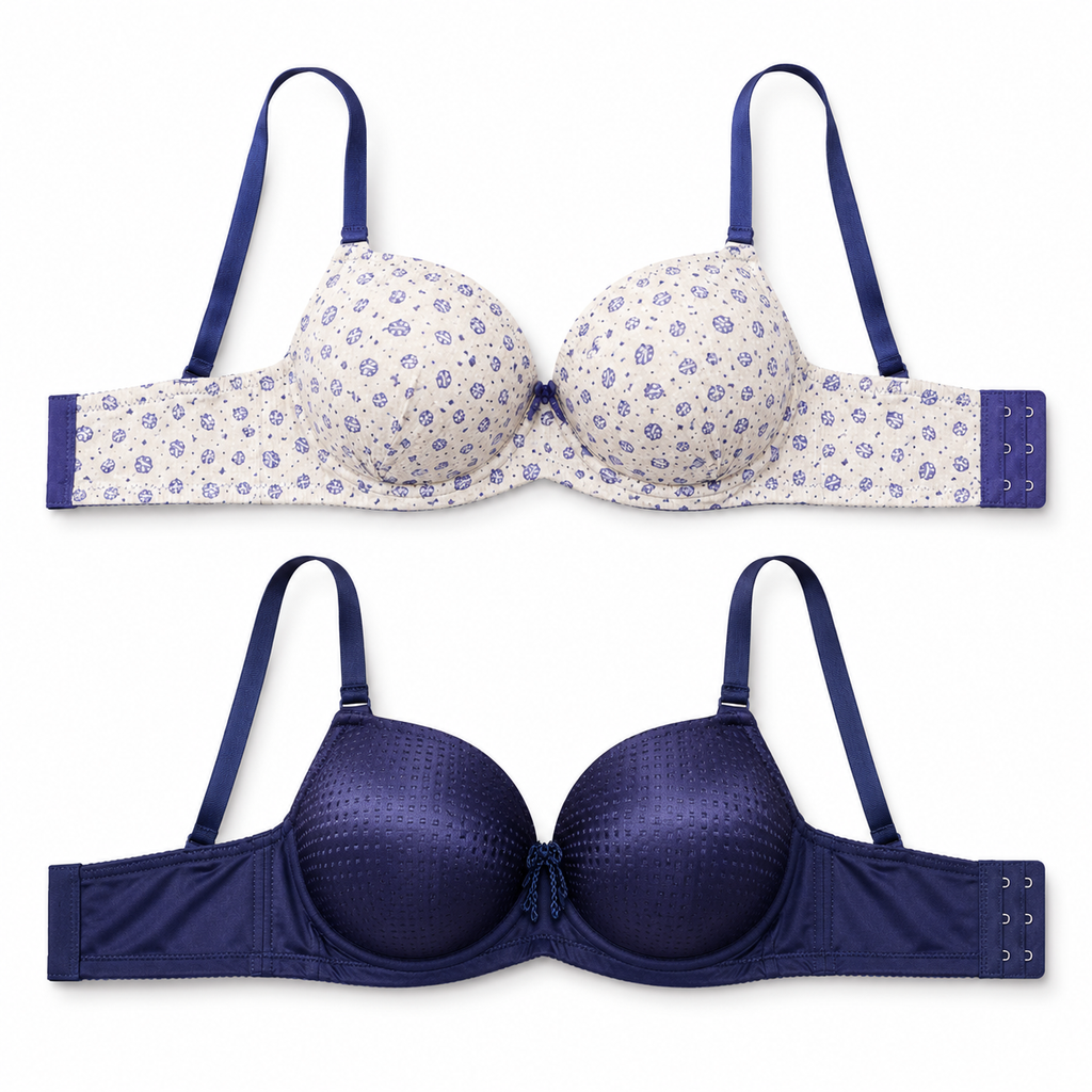 Women's Padded Bra 2-Pack, Navy Blue & Printed White, Size 58 | Adjustable Straps, Multi-Hook Back Closure, Daily Wear, Dotted Detail, Floral Print – صورة 2