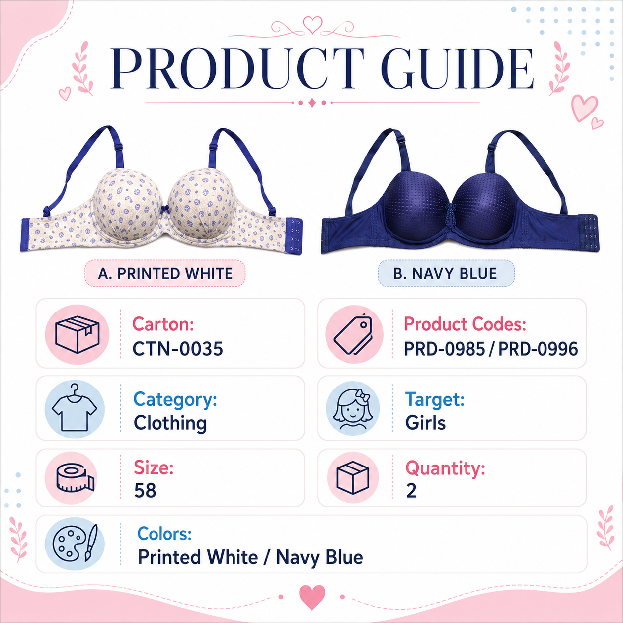 Women's Padded Bra 2-Pack, Navy Blue & Printed White, Size 58 | Adjustable Straps, Multi-Hook Back Closure, Daily Wear, Dotted Detail, Floral Print – صورة 3