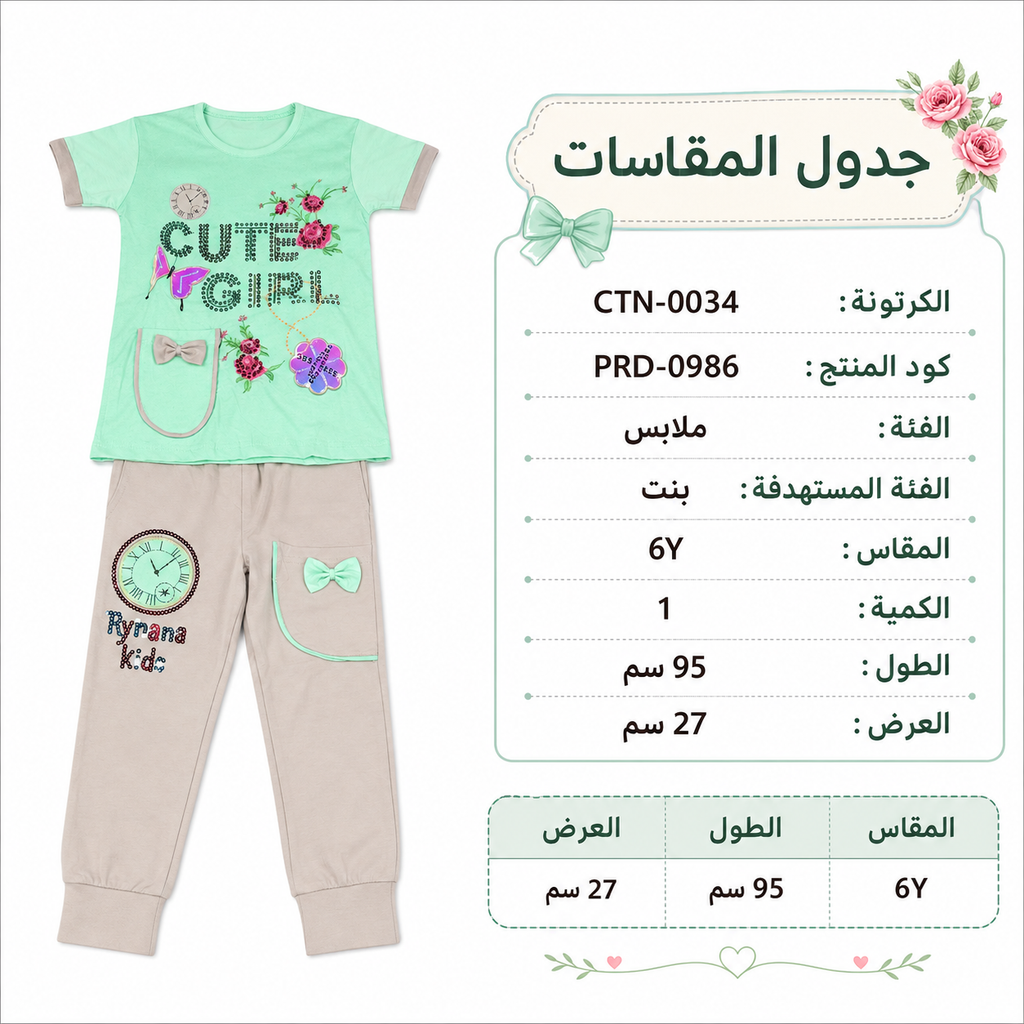 طقم ملابس بناتي قطعتين، مقاس 6 سنوات | تيشيرت وبنطلون, نقشة Cute Girl, ألوان متعددة, مقاس 95 سم, بفيونكة زينة – صورة 4