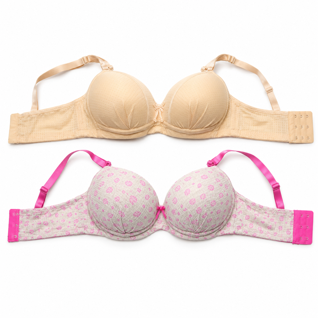 Girls' Push-Up Bra 2-Pack Size 56 Nude Beige & Pink Print | Padded Cups, Adjustable Straps, Back Hook Closure, Daily Wear, Floral Print Detail – صورة 3