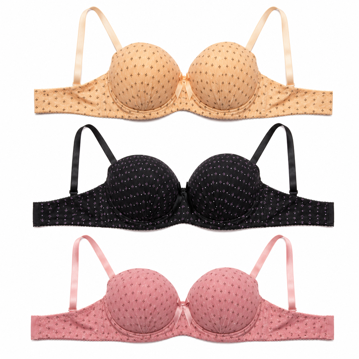 Women's Padded Push-Up Bra Set of 3, Size 38 | Printed Design, Adjustable Straps, Daily Wear, 3 Colours Included, Back Closure – صورة 3
