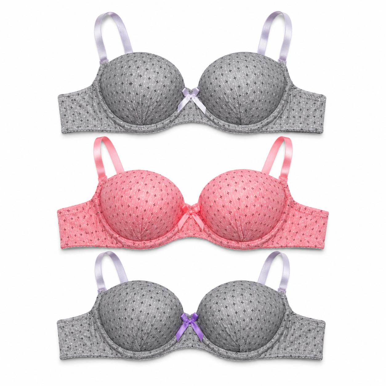 Girls' Push-Up Bra 2-Pack Size 40/90, Black Floral & Grey-Size 40 | Padded Cups, Lace Trim Detail, Adjustable Straps, Daily Wear, Printed Design – صورة 1
