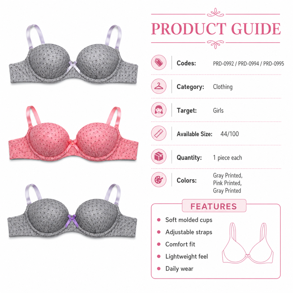 Girls' Push-Up Bra 2-Pack Size 40/90, Black Floral & Grey-Size 40 | Padded Cups, Lace Trim Detail, Adjustable Straps, Daily Wear, Printed Design – صورة 2