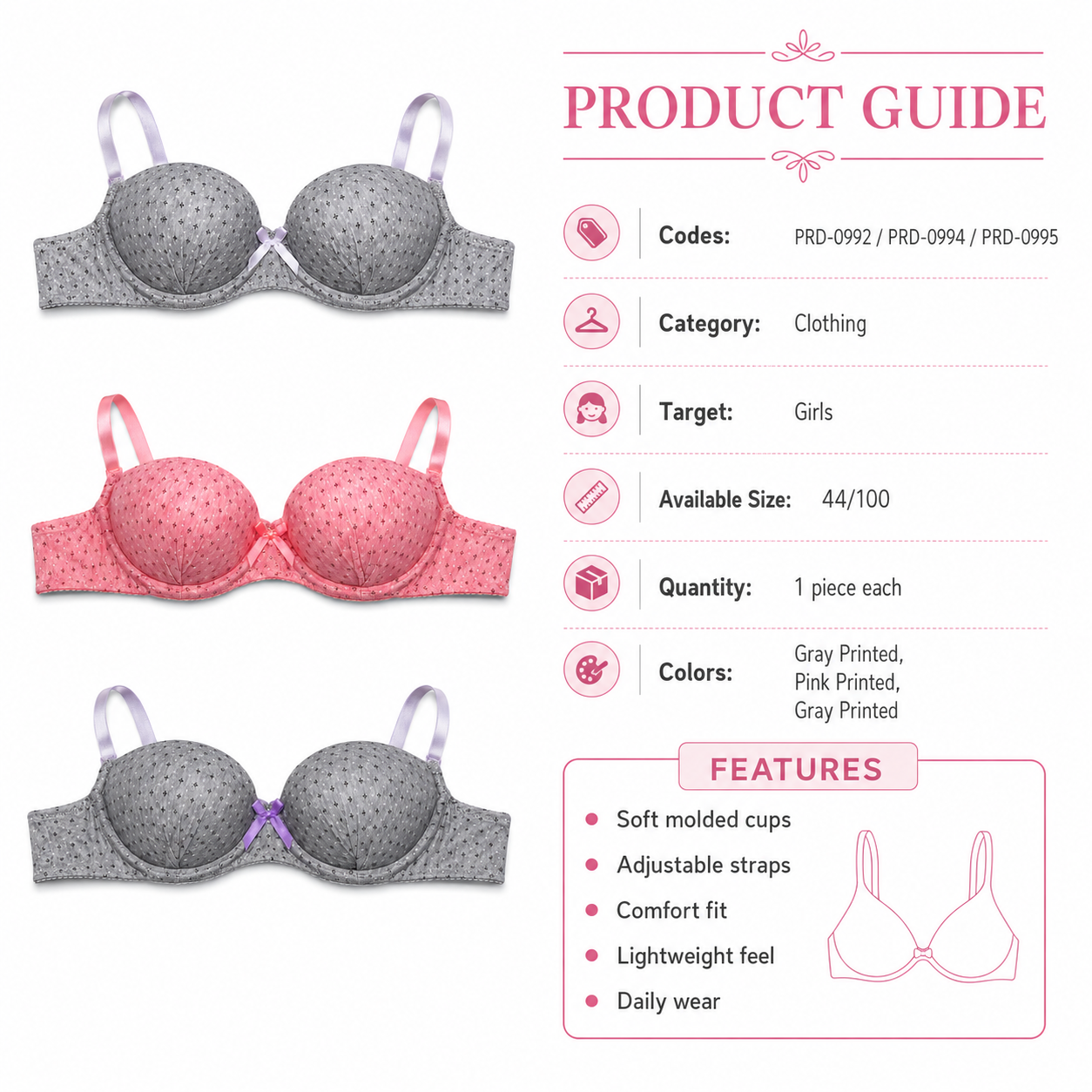Girls' Push-Up Bra 2-Pack Size 40/90, Black Floral & Grey-Size 40 | Padded Cups, Lace Trim Detail, Adjustable Straps, Daily Wear, Printed Design – صورة 2