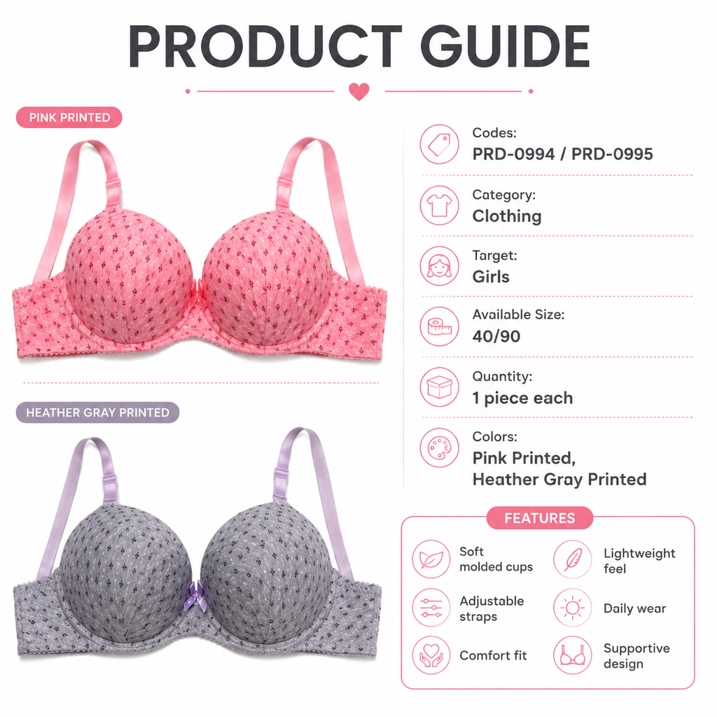 Girls' Push-Up Bra 2-Pack Size 40/90, Black Floral & Grey-Size 40 | Padded Cups, Lace Trim Detail, Adjustable Straps, Daily Wear, Printed Design – صورة 5