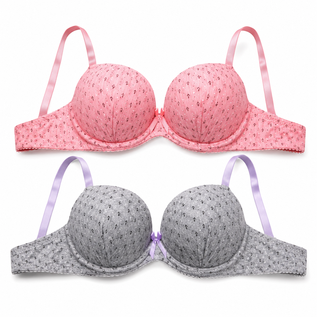 Girls' Padded Bra 2-Pack Size 40 Pink & Gray Printed | Adjustable Straps, Back Closure, Padded Cups, Daily Wear, Soft Lightweight Fabric – صورة 3