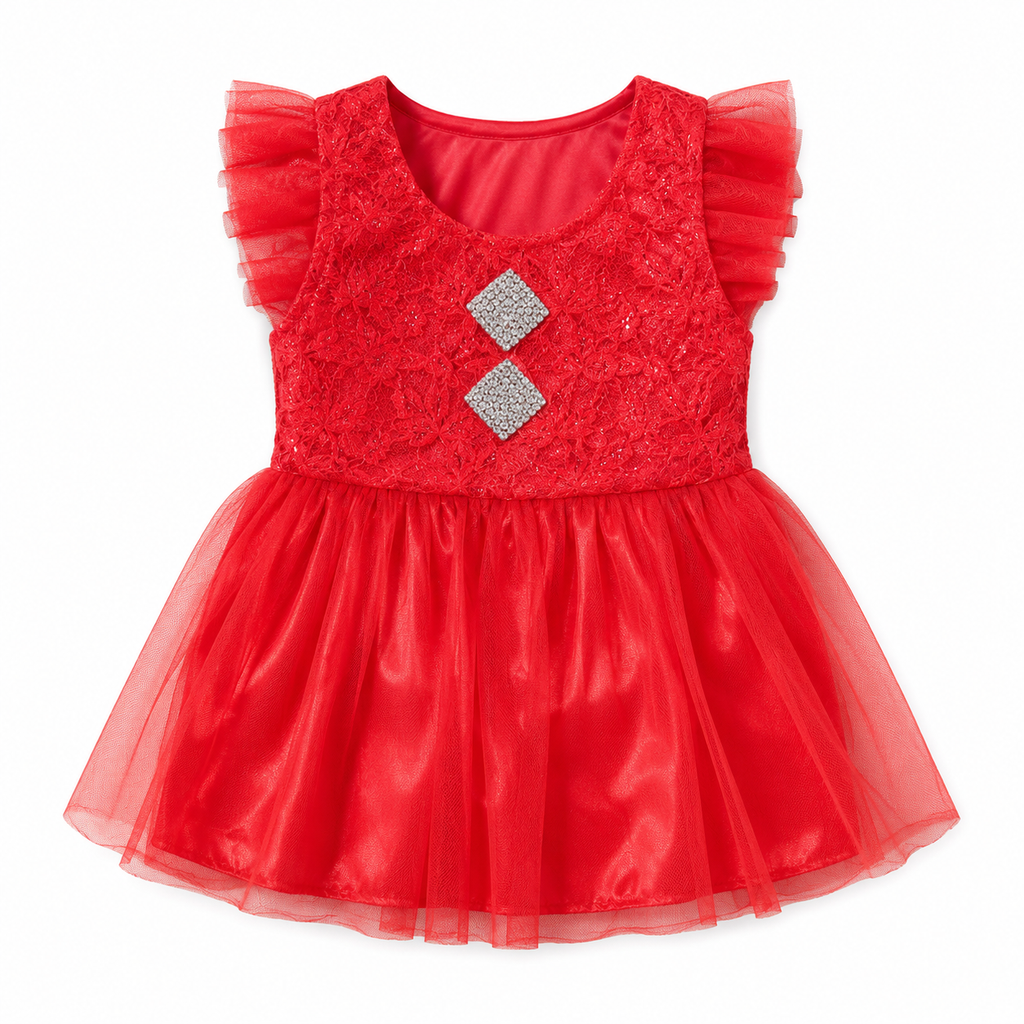 Baby Girls Red Lace & Tulle Party Dress, Size 1Y | Flutter Sleeves, Rhinestone Detail, Satin Underskirt, 36 x 22 cm, Occasions Wear – صورة 2