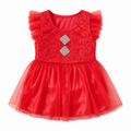 Baby Girls Red Lace & Tulle Party Dress, Size 1Y | Flutter Sleeves, Rhinestone Detail, Satin Underskirt, 36 x 22 cm, Occasions Wear – صورة 2