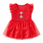 Baby Girls Red Lace & Tulle Party Dress, Size 1Y | Flutter Sleeves, Rhinestone Detail, Satin Underskirt, 36 x 22 cm, Occasions Wear – صورة 2