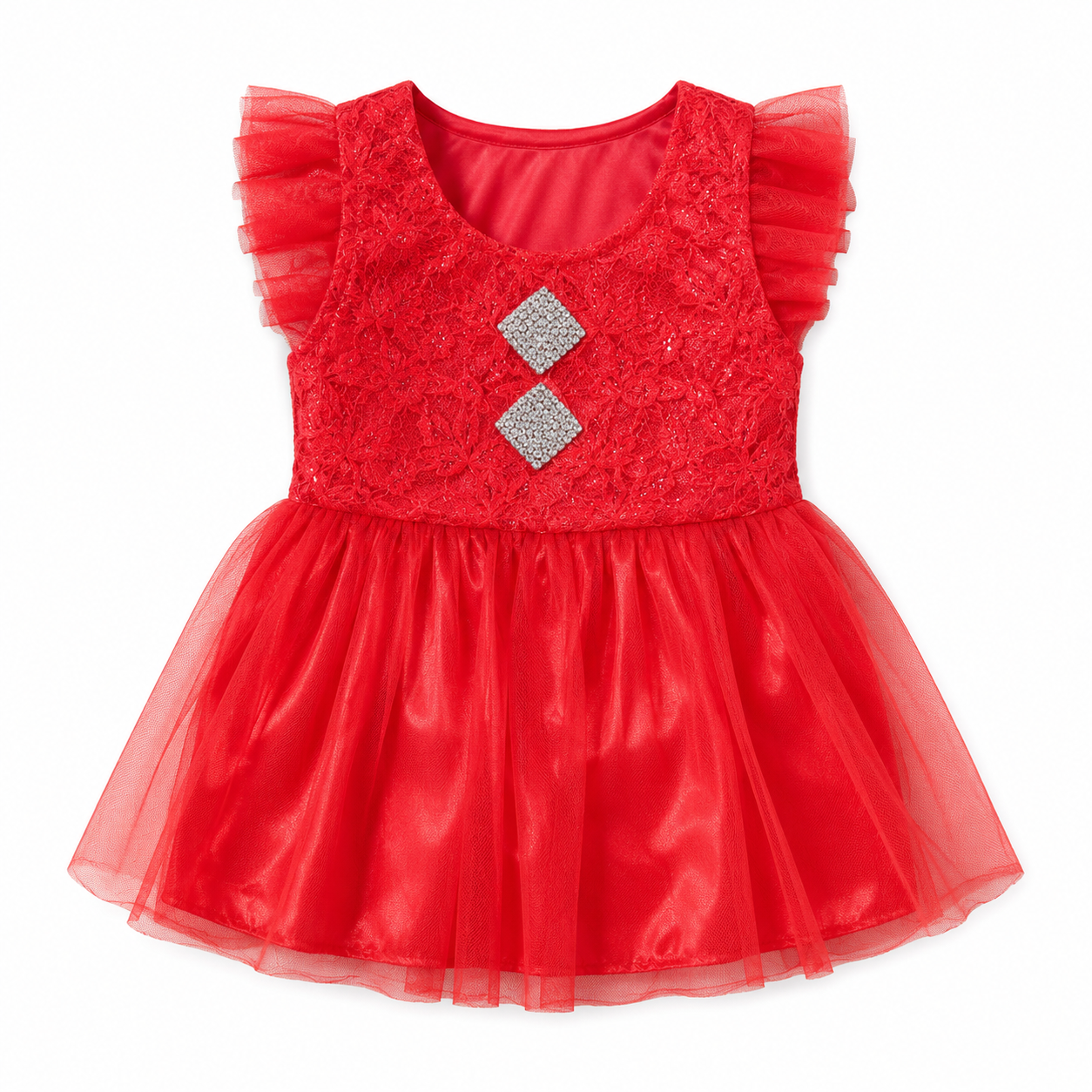 Baby Girls Red Lace & Tulle Party Dress, Size 1Y | Flutter Sleeves, Rhinestone Detail, Satin Underskirt, 36 x 22 cm, Occasions Wear – صورة 2