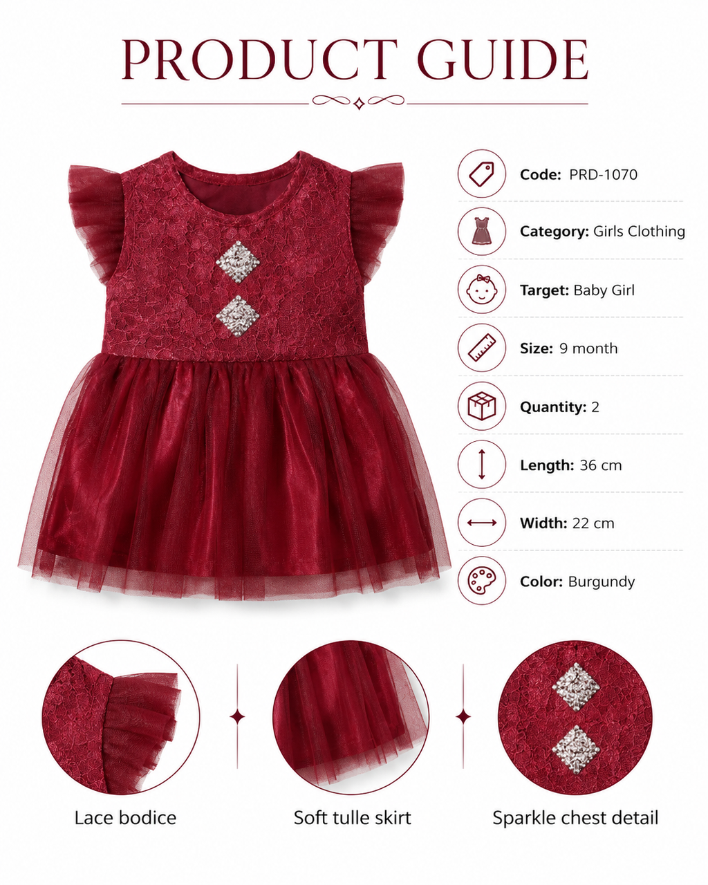 Baby Girl Burgundy Lace & Tulle Dress, 9 Months | Lace Bodice, Soft Tulle Skirt, Sparkle Chest Detail, Flutter Sleeves, 36 cm Length – صورة 1