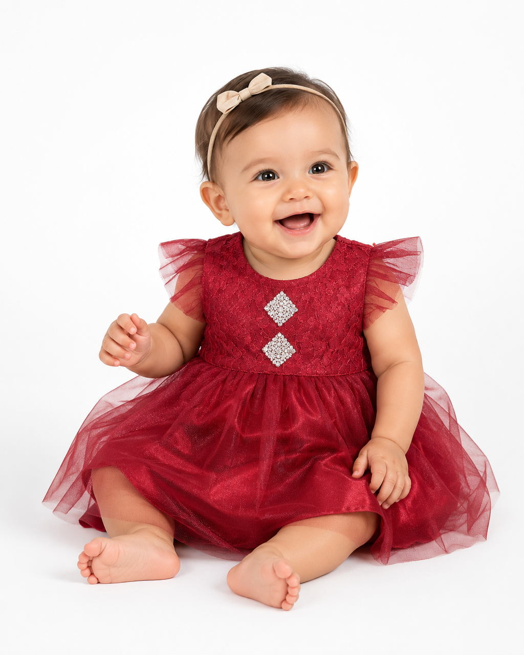 Baby Girl Burgundy Lace & Tulle Dress, 9 Months | Lace Bodice, Soft Tulle Skirt, Sparkle Chest Detail, Flutter Sleeves, 36 cm Length – صورة 2