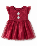 Baby Girl Burgundy Lace & Tulle Dress, 9 Months | Lace Bodice, Soft Tulle Skirt, Sparkle Chest Detail, Flutter Sleeves, 36 cm Length – صورة 3