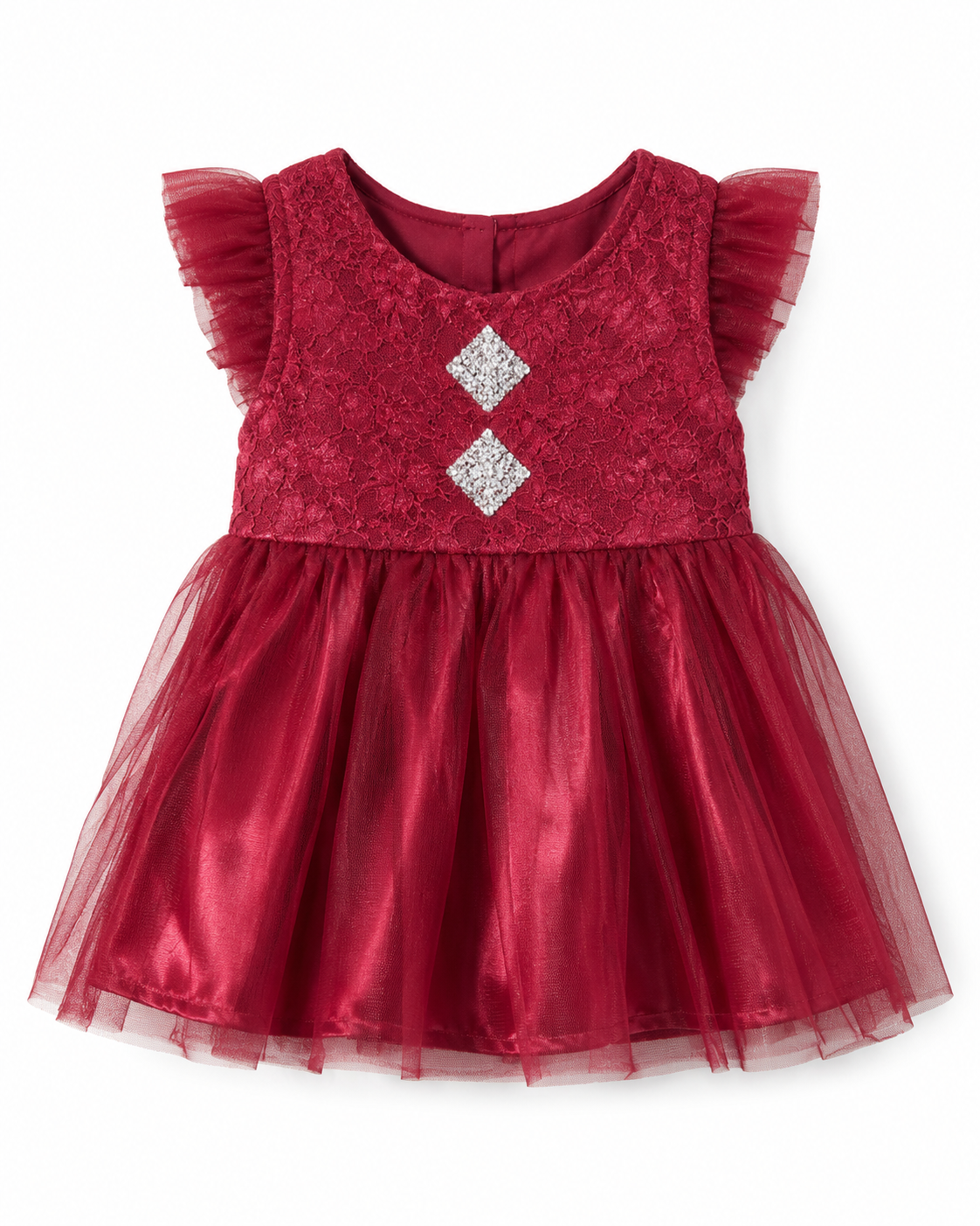 Baby Girl Burgundy Lace & Tulle Dress, 9 Months | Lace Bodice, Soft Tulle Skirt, Sparkle Chest Detail, Flutter Sleeves, 36 cm Length – صورة 3