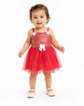 Girls Party Dress Red Gold Sequin Tulle Spaghetti Strap, Red- 1Y | White Bow Detail, Floral Strap Accents, Layered Tulle Skirt, 41 x 23 cm, Parties & Occasions – صورة 1