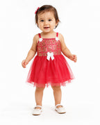 Girls Party Dress Red Gold Sequin Tulle Spaghetti Strap, Red- 1Y | White Bow Detail, Floral Strap Accents, Layered Tulle Skirt, 41 x 23 cm, Parties & Occasions – صورة 1