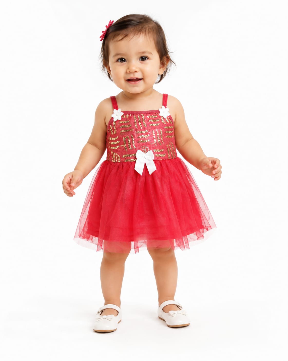 Girls Party Dress Red Gold Sequin Tulle Spaghetti Strap, Red- 1Y | White Bow Detail, Floral Strap Accents, Layered Tulle Skirt, 41 x 23 cm, Parties & Occasions – صورة 1