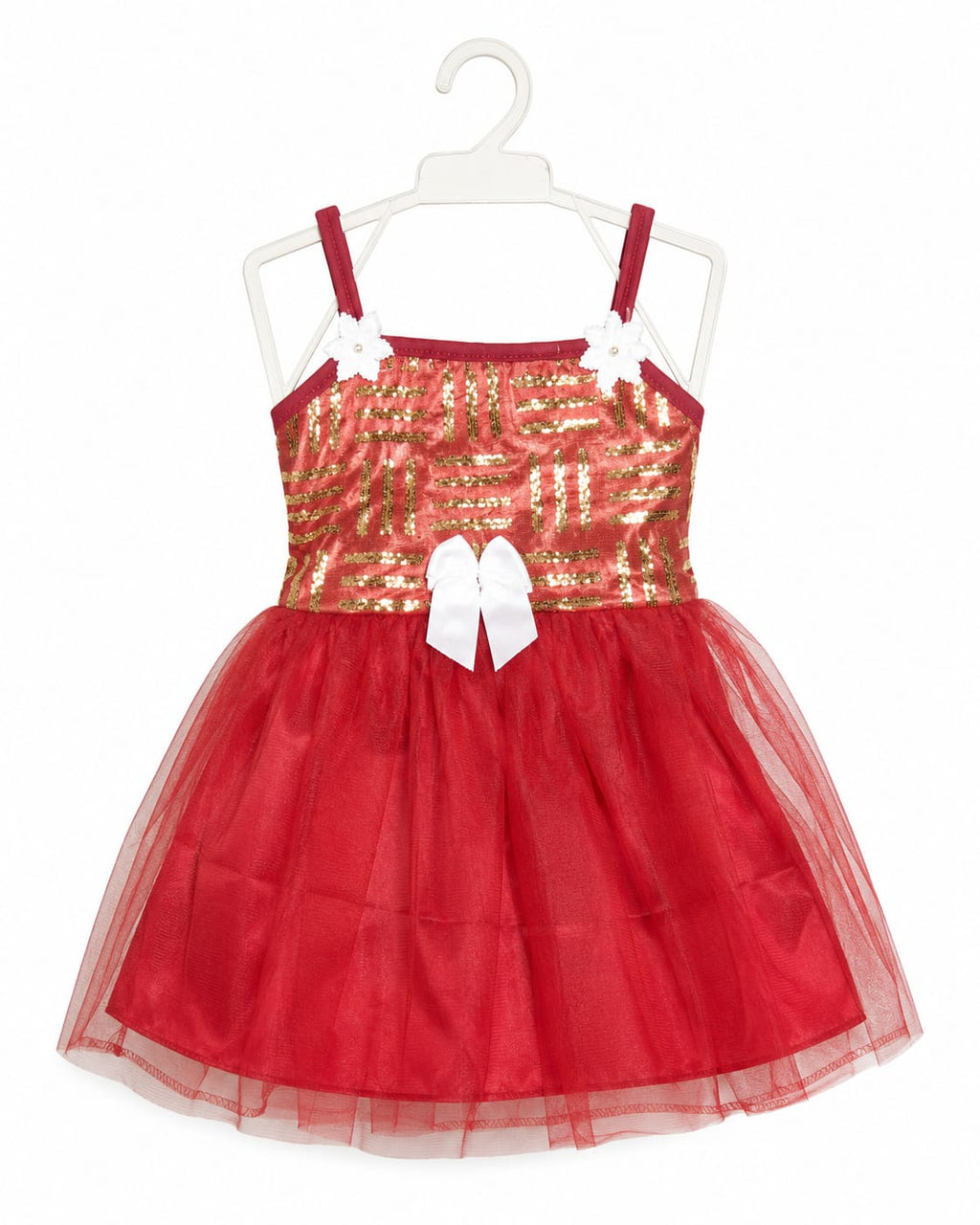 Girls Party Dress Red Gold Sequin Tulle Spaghetti Strap, Red- 1Y | White Bow Detail, Floral Strap Accents, Layered Tulle Skirt, 41 x 23 cm, Parties & Occasions – صورة 2