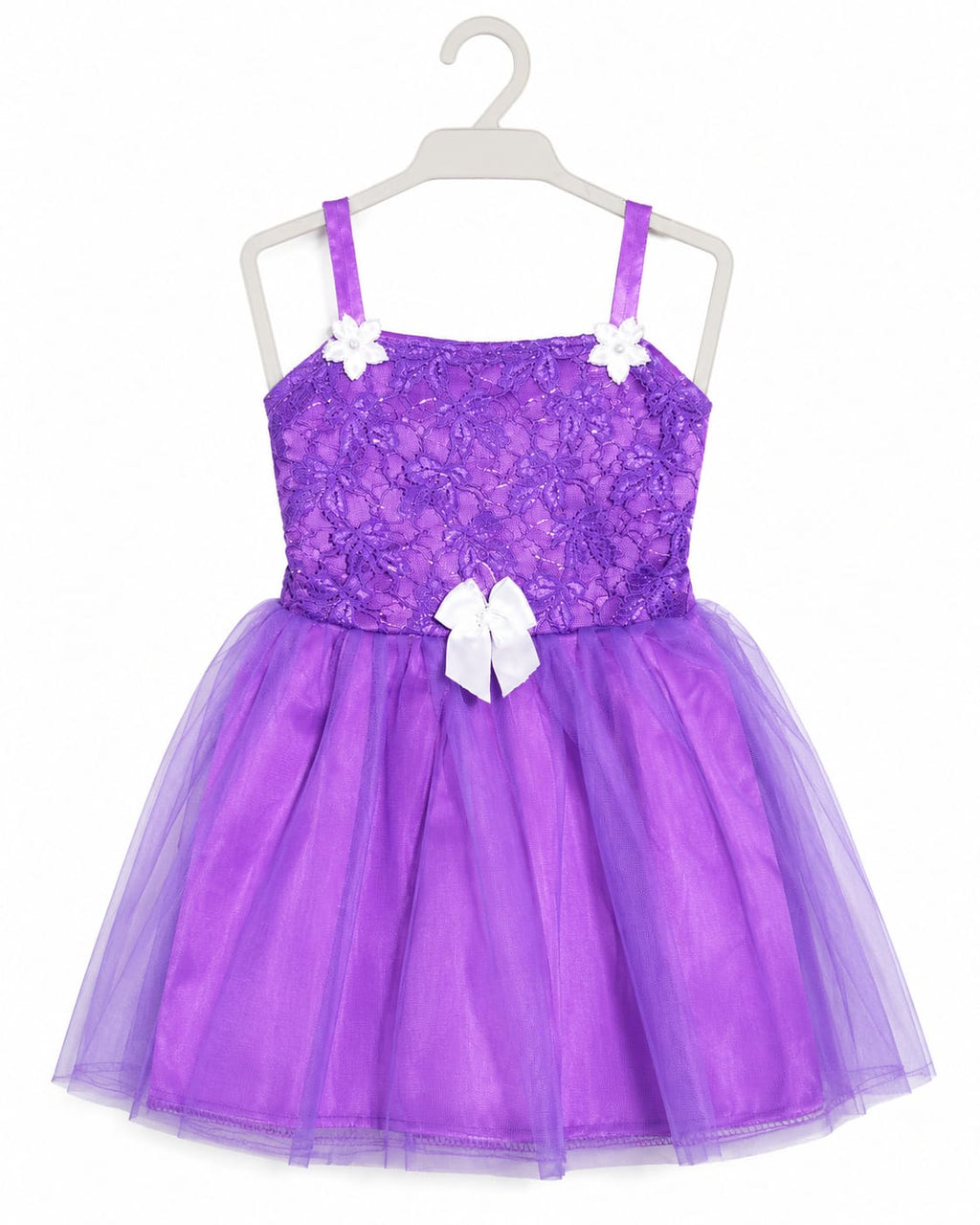 Purple Girls Tulle Dress with Lace Bodice & Bow, Purple -Size 2Y | Floral Lace Bodice, Multilayer Tutu Skirt, White Satin Bow, Party & Photoshoot Wear, 50 x 22 cm – صورة 2