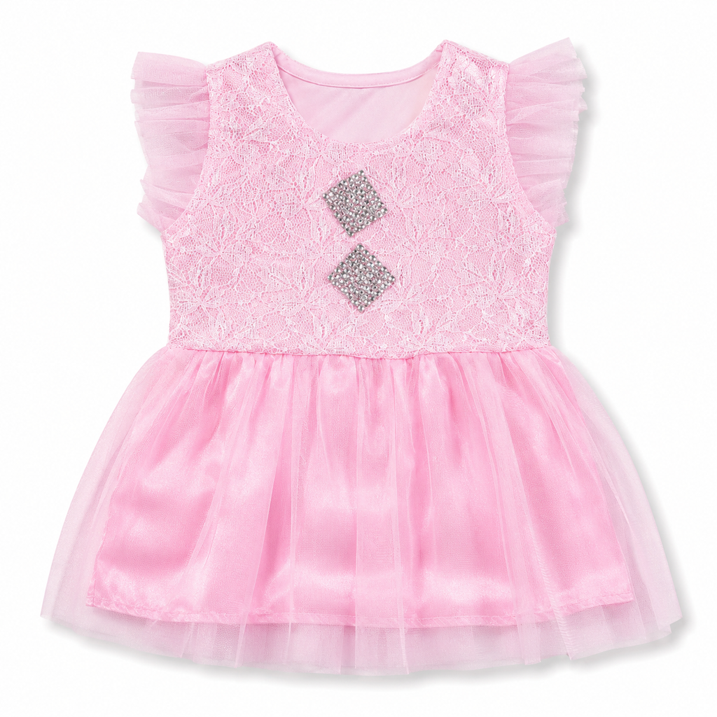 Baby Girls Red Lace & Tulle Party Dress, Size 1Y | Flutter Sleeves, Rhinestone Detail, Satin Underskirt, 36 x 22 cm, Occasions Wear – صورة 1
