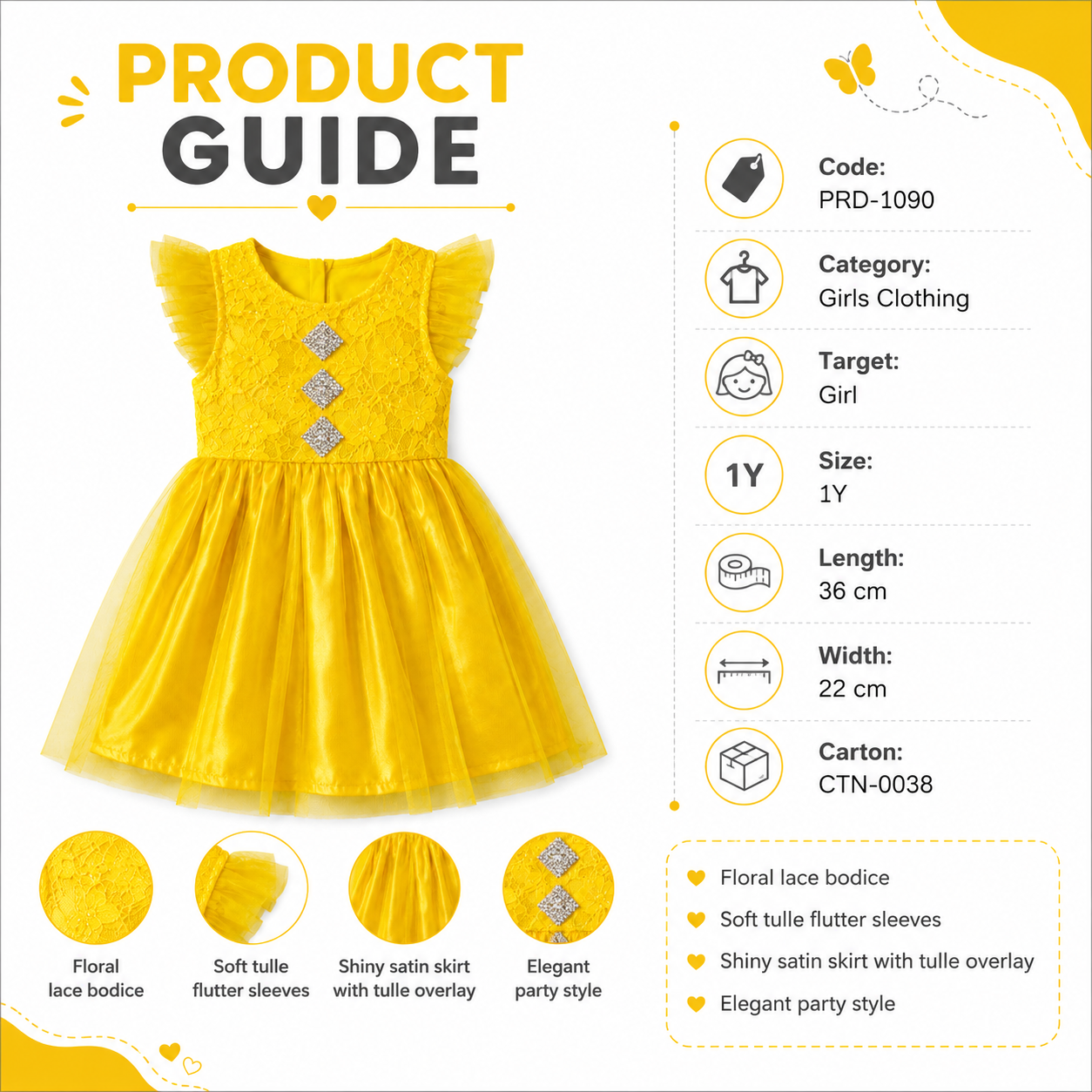 Yellow Baby Girl Dress with Lace Bodice & Tulle Skirt, 1Y | Flutter Sleeves, Satin Skirt Overlay, Rhinestone Details, Party & Occasions Wear, 36 cm Length – صورة 1