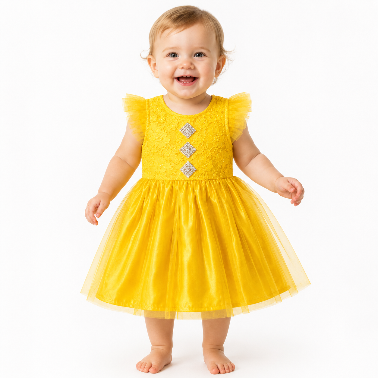 Yellow Baby Girl Dress with Lace Bodice & Tulle Skirt, 1Y | Flutter Sleeves, Satin Skirt Overlay, Rhinestone Details, Party & Occasions Wear, 36 cm Length – صورة 2