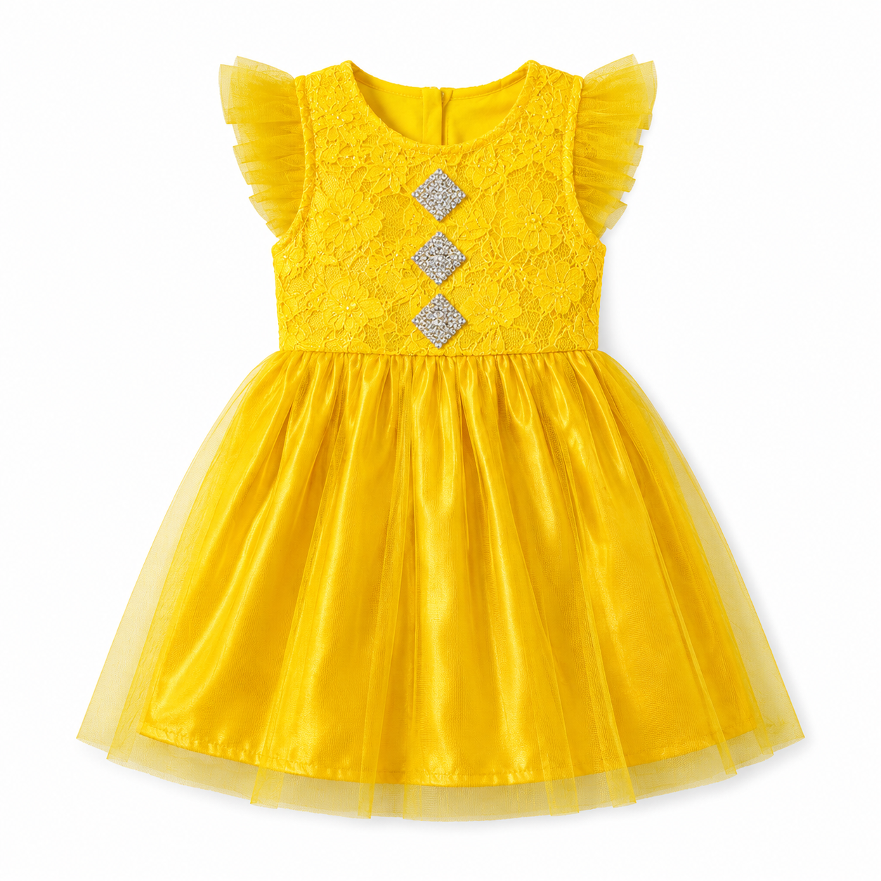 Yellow Baby Girl Dress with Lace Bodice & Tulle Skirt, 1Y | Flutter Sleeves, Satin Skirt Overlay, Rhinestone Details, Party & Occasions Wear, 36 cm Length – صورة 3