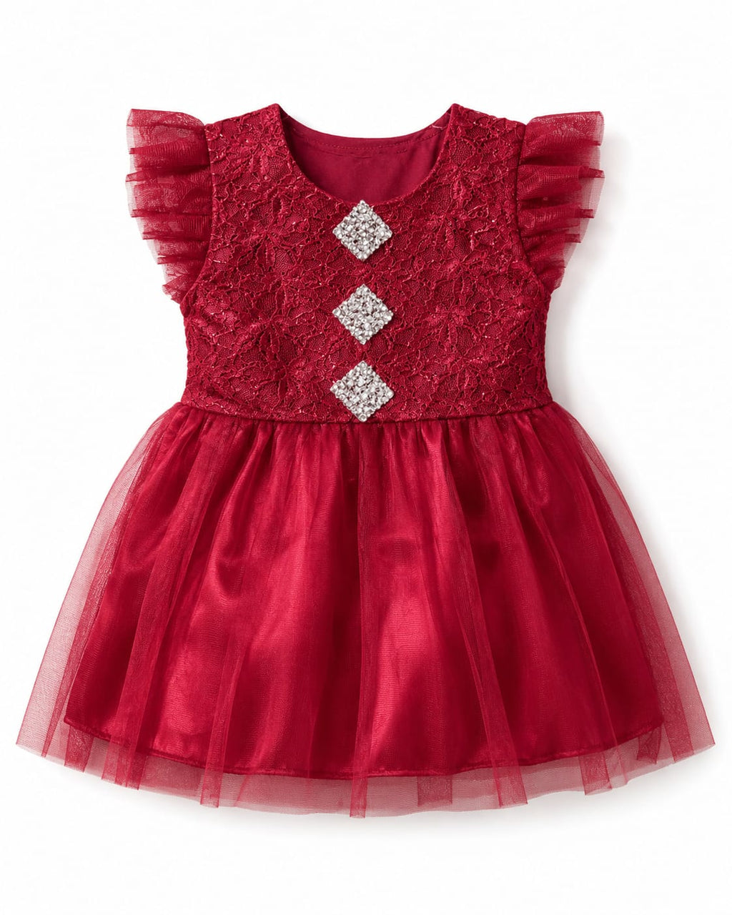 Baby Girl Burgundy Lace Tulle Dress, 6 Months to 1 Year- Burgundy | Tulle Flutter Sleeves, Rhinestone Details, Tulle Overlay Skirt, Lace Bodice, Party & Occasions Wear – صورة 1