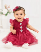 Baby Girl Burgundy Lace Tulle Dress, 6 Months to 1 Year- Burgundy | Tulle Flutter Sleeves, Rhinestone Details, Tulle Overlay Skirt, Lace Bodice, Party & Occasions Wear – صورة 2