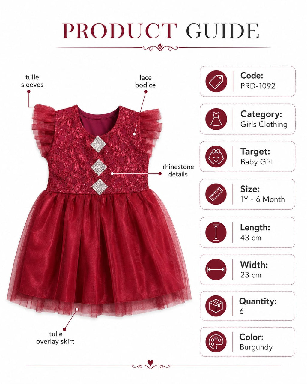 Baby Girl Burgundy Lace Tulle Dress, 6 Months to 1 Year- Burgundy | Tulle Flutter Sleeves, Rhinestone Details, Tulle Overlay Skirt, Lace Bodice, Party & Occasions Wear – صورة 3