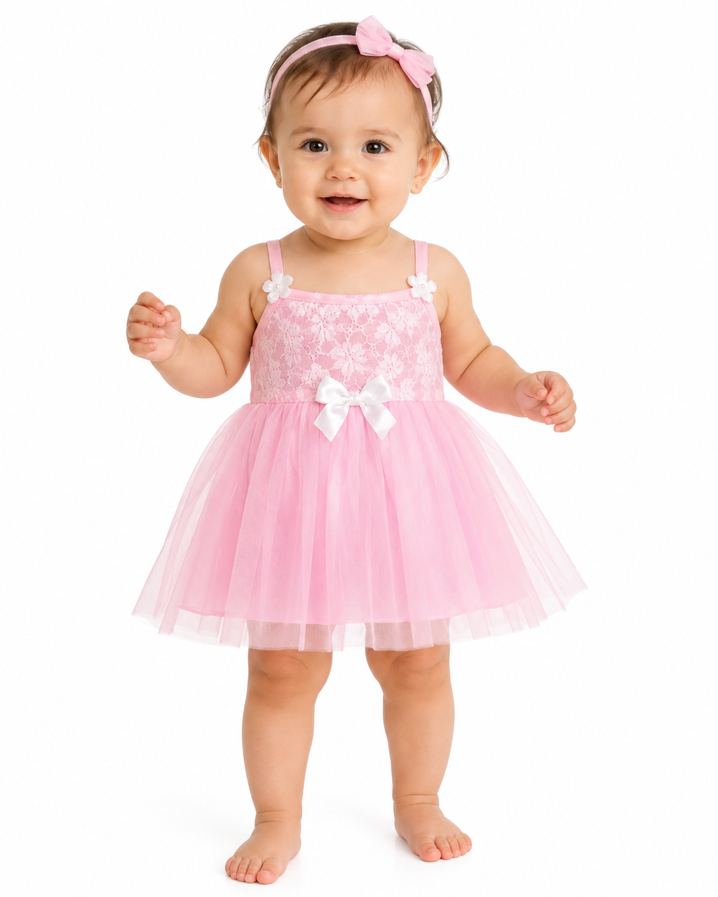 Baby Girls Pink Lace & Tulle Dress with Bow, Pink -Size -1Y | Floral Lace Bodice, Layered Tulle Skirt, Flower Strap Detail, 41 x 22 cm, Parties & Occasions – صورة 1