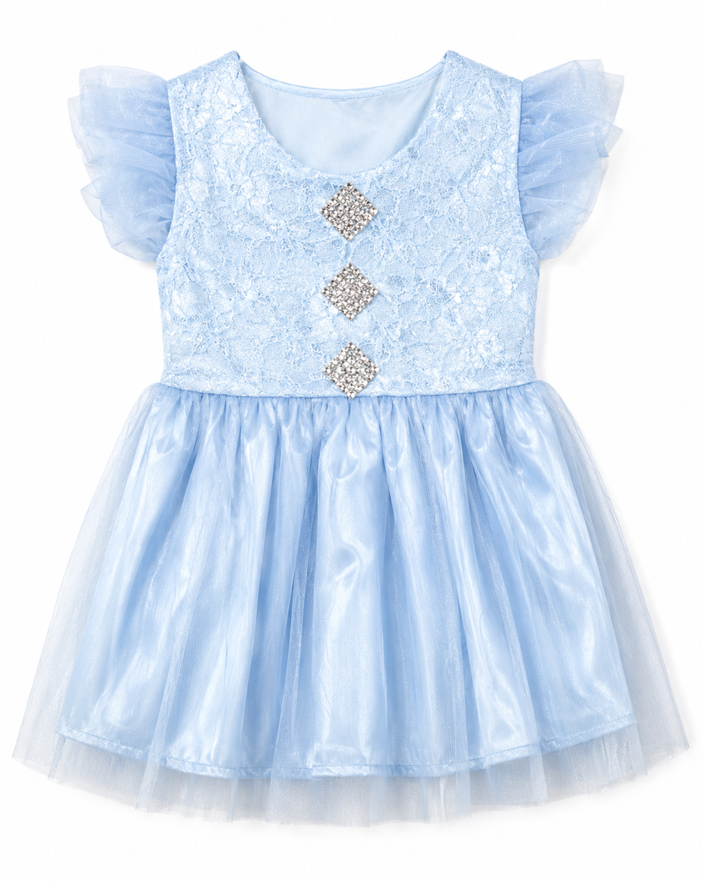 Baby Girl Lace Tulle Party Dress, Baby Blue, Size 2Y | Flutter Sleeves, Rhinestone Embellishments, Satin Skirt, 43 cm Length, Toddler Occasion Wear – صورة 1