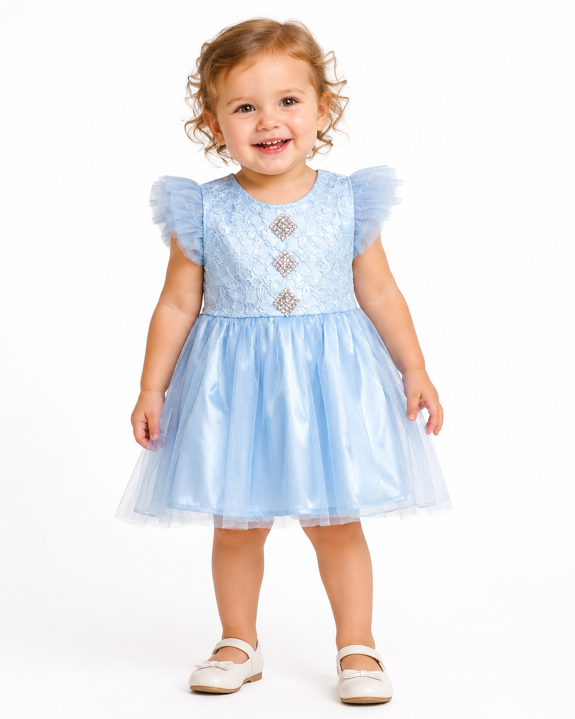 Baby Girl Lace Tulle Party Dress, Baby Blue, Size 2Y | Flutter Sleeves, Rhinestone Embellishments, Satin Skirt, 43 cm Length, Toddler Occasion Wear – صورة 3