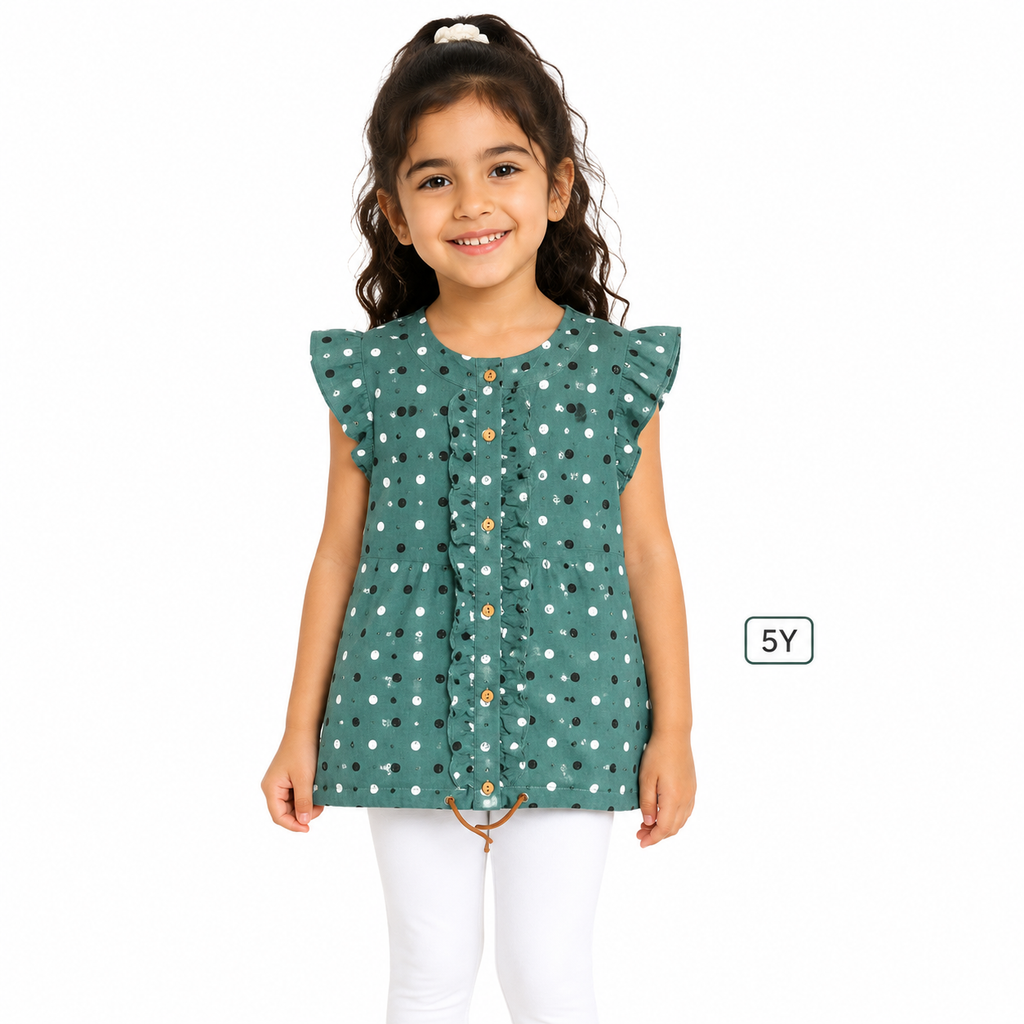 Girls Teal Polka Dot Ruffle Button Tunic Top Ages 4 Years-Petrol Green | Flutter Sleeves, Wooden Buttons, Flared A-Line Cut, Drawstring Hem Detail, Casual & Everyday Wear – صورة 17