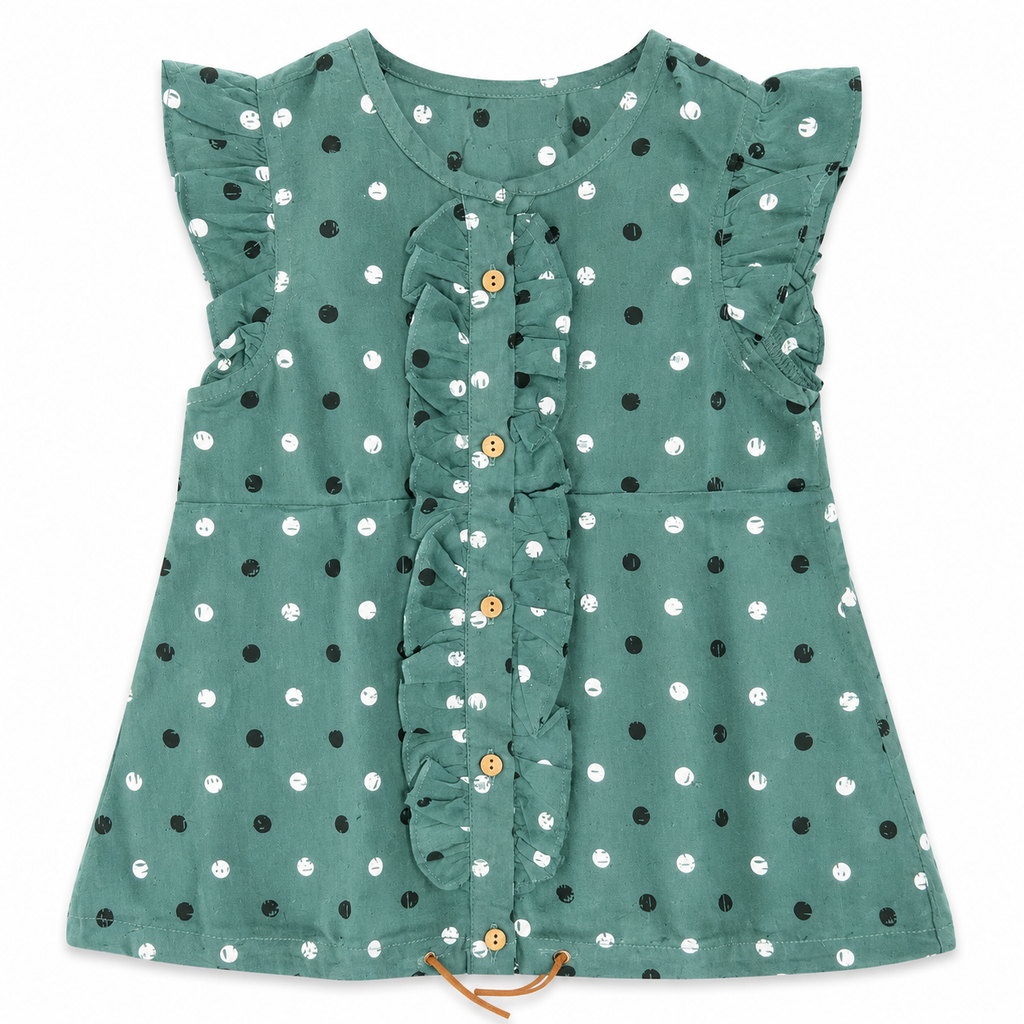 Girls Teal Polka Dot Ruffle Button Tunic Top Ages 4 Years-Petrol Green | Flutter Sleeves, Wooden Buttons, Flared A-Line Cut, Drawstring Hem Detail, Casual & Everyday Wear – صورة 20
