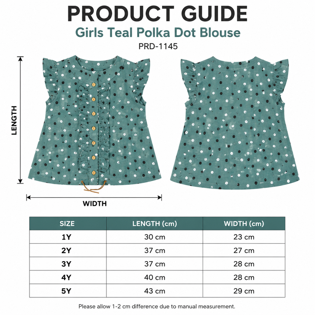 Girls Teal Polka Dot Ruffle Button Tunic Top Ages 4 Years-Petrol Green | Flutter Sleeves, Wooden Buttons, Flared A-Line Cut, Drawstring Hem Detail, Casual & Everyday Wear – صورة 21