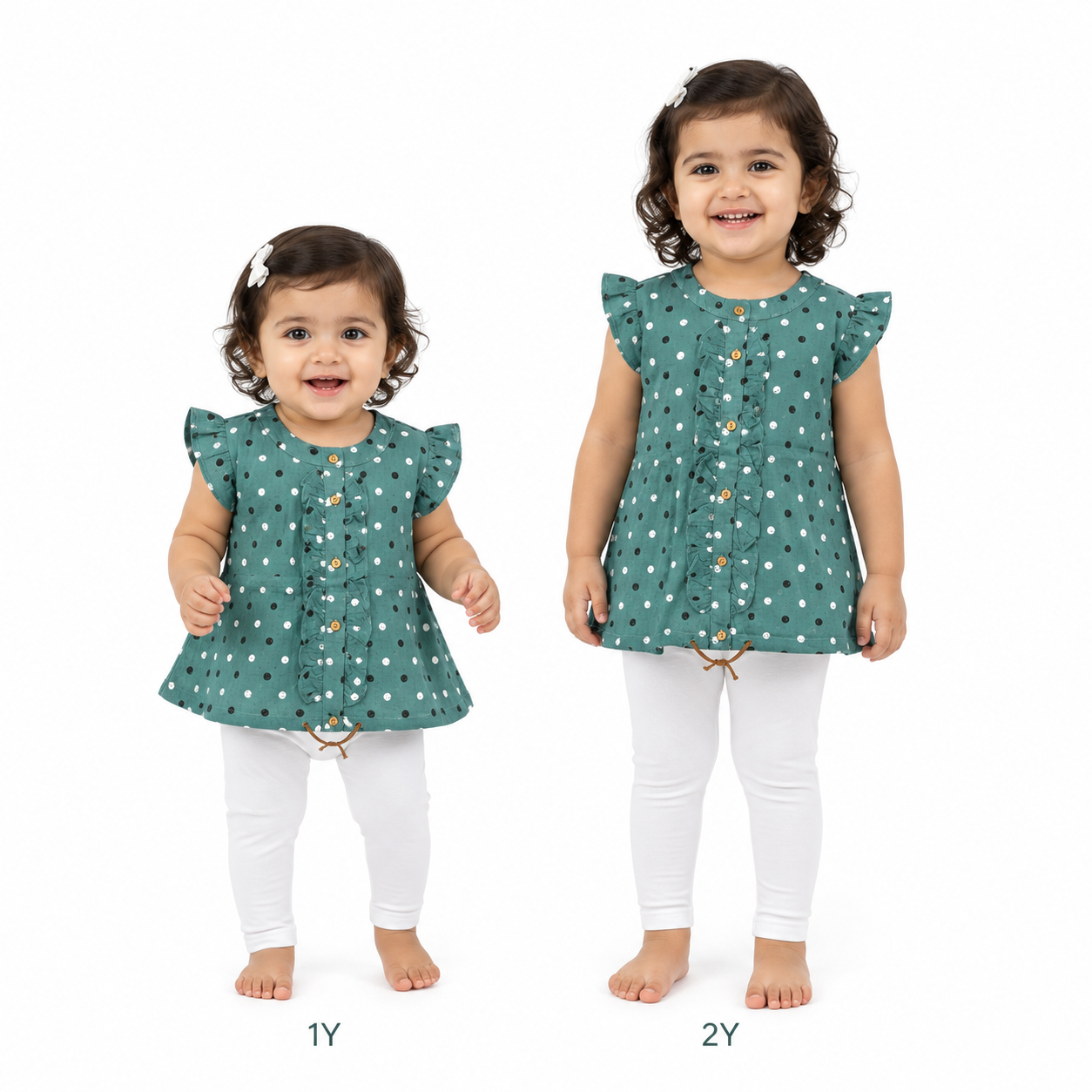 Girls Teal Polka Dot Ruffle Button Tunic Top Ages 4 Years-Petrol Green | Flutter Sleeves, Wooden Buttons, Flared A-Line Cut, Drawstring Hem Detail, Casual & Everyday Wear – صورة 4