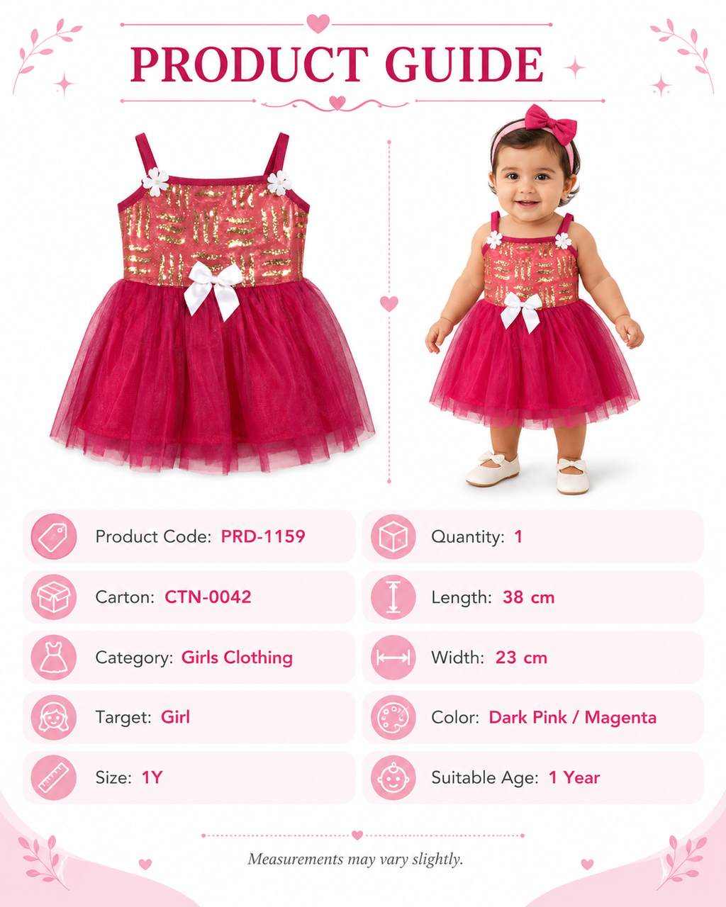 Girls Party Dress Fuchsia Gold Sequin Tulle Skirt,Fushia-Size 1Y | Multilayer Tulle Skirt, White Bow & Floral Detail, Spaghetti Straps, 38 cm Length, Birthdays & Occasion – صورة 1
