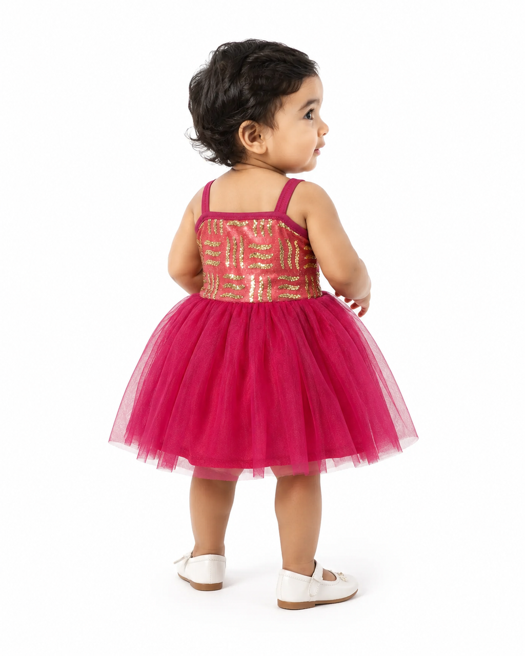 Girls Party Dress Fuchsia Gold Sequin Tulle Skirt,Fushia-Size 1Y | Multilayer Tulle Skirt, White Bow & Floral Detail, Spaghetti Straps, 38 cm Length, Birthdays & Occasion – صورة 2