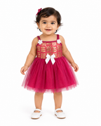Girls Party Dress Fuchsia Gold Sequin Tulle Skirt,Fushia-Size 1Y | Multilayer Tulle Skirt, White Bow & Floral Detail, Spaghetti Straps, 38 cm Length, Birthdays & Occasion – صورة 3