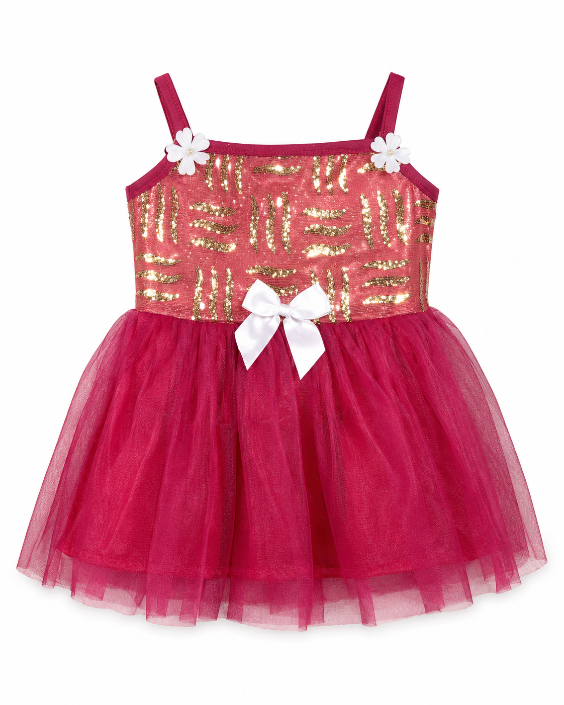 Girls Party Dress Fuchsia Gold Sequin Tulle Skirt,Fushia-Size 1Y | Multilayer Tulle Skirt, White Bow & Floral Detail, Spaghetti Straps, 38 cm Length, Birthdays & Occasion – صورة 4