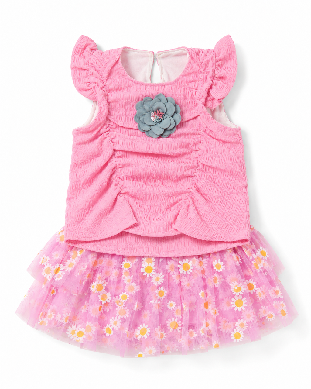 Girls 2-Piece Smocked Top & Floral Tulle Skirt Set, Pink-Size 2 Years | Flutter Sleeves, Daisy Print Skirt, Flower Appliqué, Age 2 Years, Parties & Occasions – صورة 3