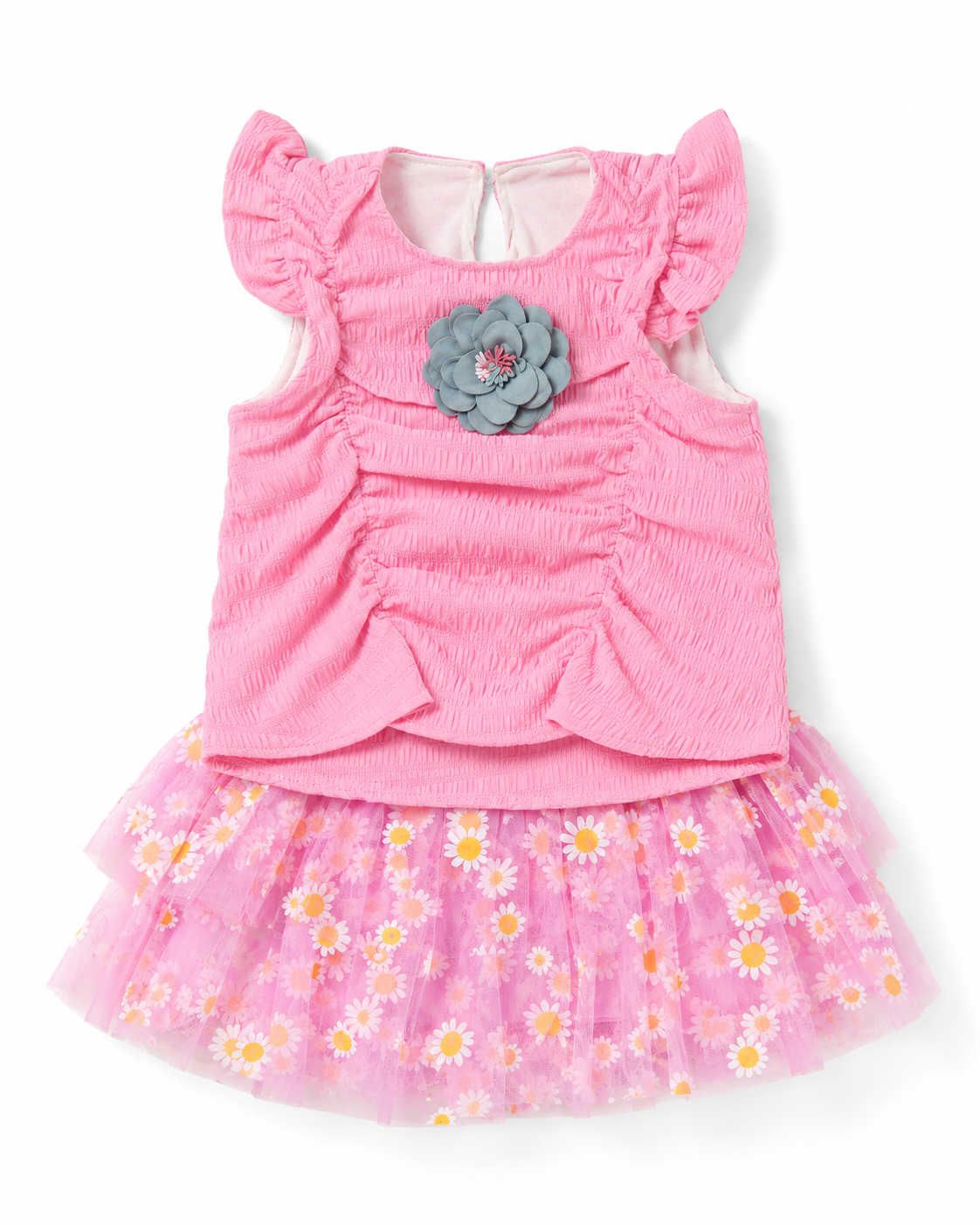 Girls 2-Piece Smocked Top & Floral Tulle Skirt Set, Pink-Size 2 Years | Flutter Sleeves, Daisy Print Skirt, Flower Appliqué, Age 2 Years, Parties & Occasions – صورة 3