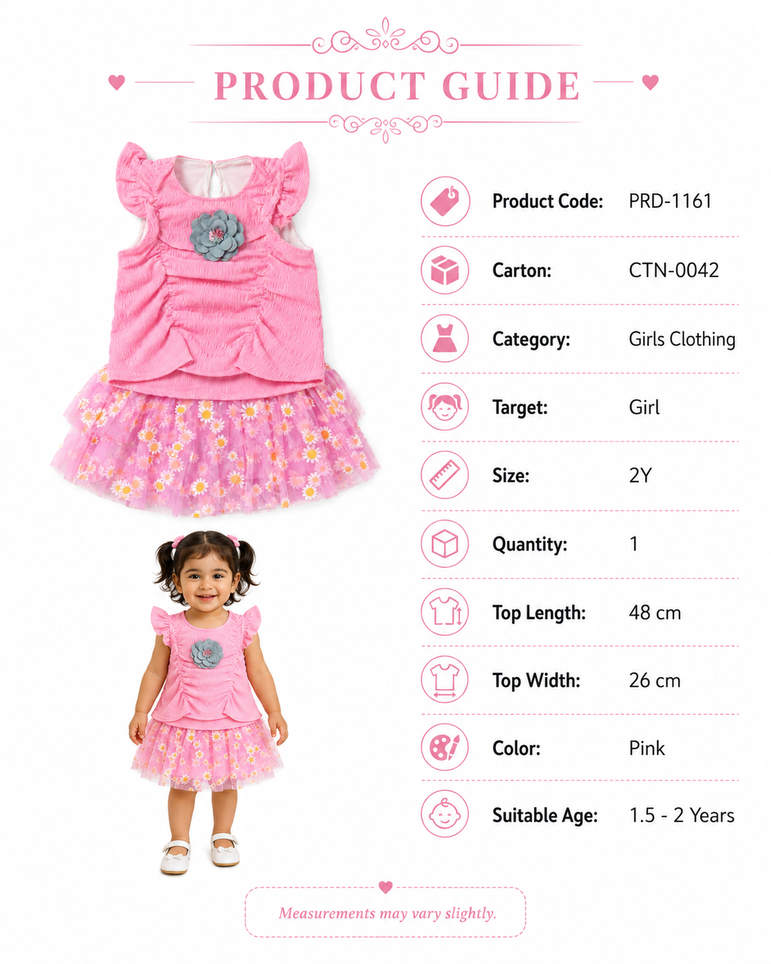Girls 2-Piece Smocked Top & Floral Tulle Skirt Set, Pink-Size 2 Years | Flutter Sleeves, Daisy Print Skirt, Flower Appliqué, Age 2 Years, Parties & Occasions – صورة 4